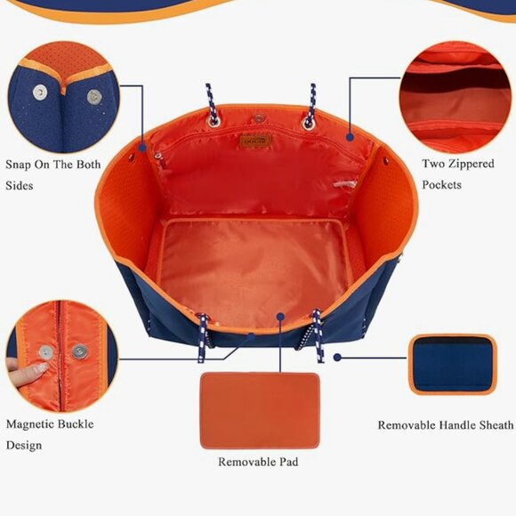 Neoprene Multipurpose Navy Blue Orange Beach Bag Tote with Inner Zipper Pocket - Picture 2 of 4